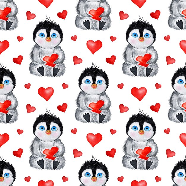 Modello di pittura ad acquerello pinguino e cuori rossi Stampa festiva ripetuta senza cuciture il giorno di San Valentino