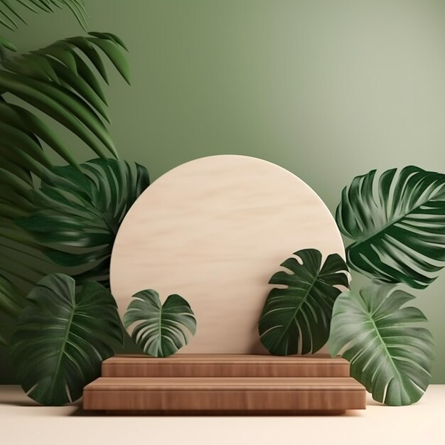 Modello di podio in legno per la presentazione del prodotto decorato con foglie di monstera rendering 3D