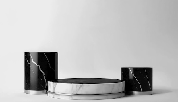 Modello di podio in marmo cinematografico di lusso in bianco e nero 3D per il piedistallo di cosmetici metallici