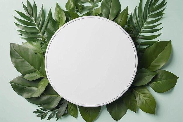 Modello di podio rotondo bianco per la presentazione di prodotti cosmetici organici naturali concetto di annuncio su verde eco foresta foglie fresche natura piana sullo sfondo piana trendy minimalista piana modellazione