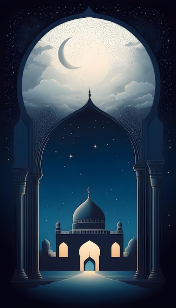 Modello di poster accattivante per l'Eid al-Fitr con lanterne e sfondo alla finestra della moschea