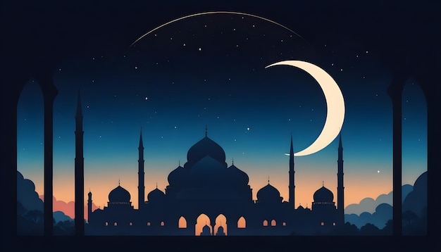 Modello di poster accattivante per l'Eid al-Fitr con lanterne e sfondo alla finestra della moschea