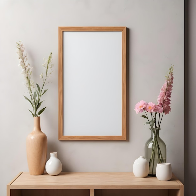 Modello di poster con cornice verticale in legno sullo sfondo interno della casa con vaso di fiori e altre decorazioni