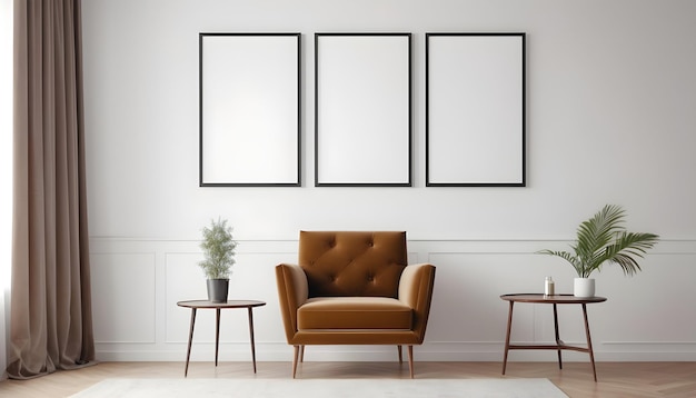 Modello di poster con cornici verticali su una parete bianca vuota nell'interno del soggiorno con armcha di velluto
