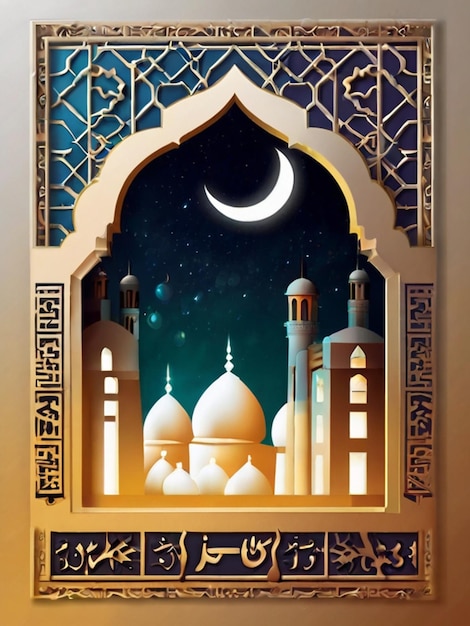 Modello di poster di Eidalfit con finestra di lanterna moschea sullo sfondo