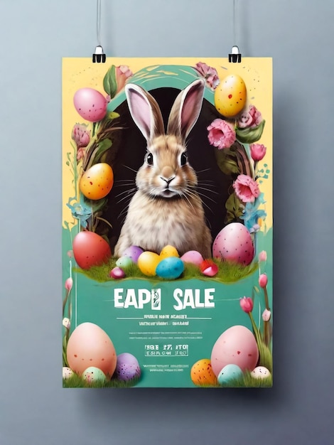 Modello di poster e banner di Pasqua con uova d'ora d'oro nel nido orecchie di coniglietto Saluti e regali per il giorno di Pasqua in stile piatto Modello di promozione e acquisto per Pasqua