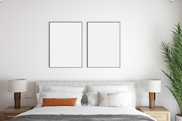 modello di poster fotografico con cornice verticale sul muro bianco vuoto all'interno della camera da letto