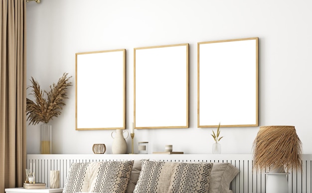Modello di poster fotografico gratuito con cornice verticale su una parete bianca vuota nell'interno della camera da letto
