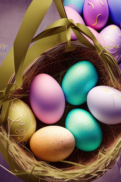 Modello di poster verticale festivo di Pasqua con modello di sito Web di uova colorate colorate Vacanze di primavera Uova di Pasqua in un cesto Buona Pasqua Set di uova di Pasqua