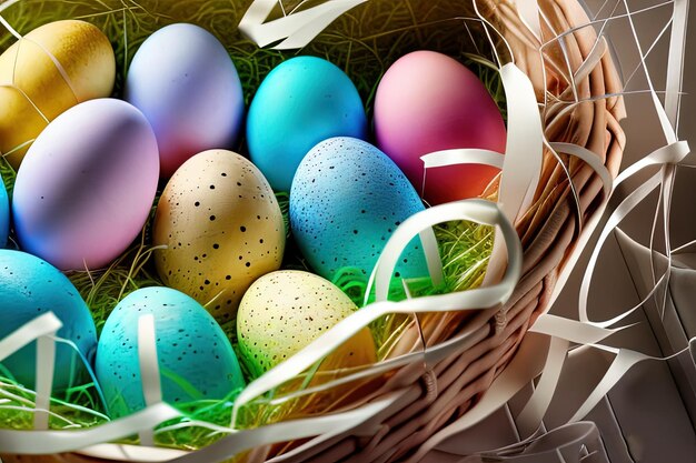 Modello di poster verticale festivo di Pasqua con modello di sito Web di uova colorate colorate Vacanze di primavera Uova di Pasqua in un cesto Buona Pasqua Set di uova di Pasqua