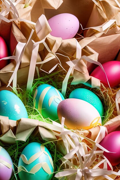 Modello di poster verticale festivo di Pasqua con modello di sito Web di uova colorate colorate Vacanze di primavera Uova di Pasqua in un cesto Buona Pasqua Set di uova di Pasqua