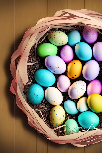Modello di poster verticale festivo di Pasqua con modello di sito Web di uova colorate colorate Vacanze di primavera Uova di Pasqua in un cesto Buona Pasqua Set di uova di Pasqua