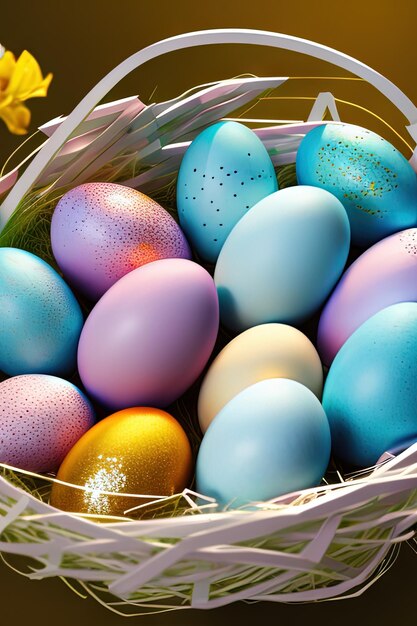 Modello di poster verticale festivo di Pasqua con modello di sito Web di uova colorate colorate Vacanze di primavera Uova di Pasqua in un cesto Buona Pasqua Set di uova di Pasqua