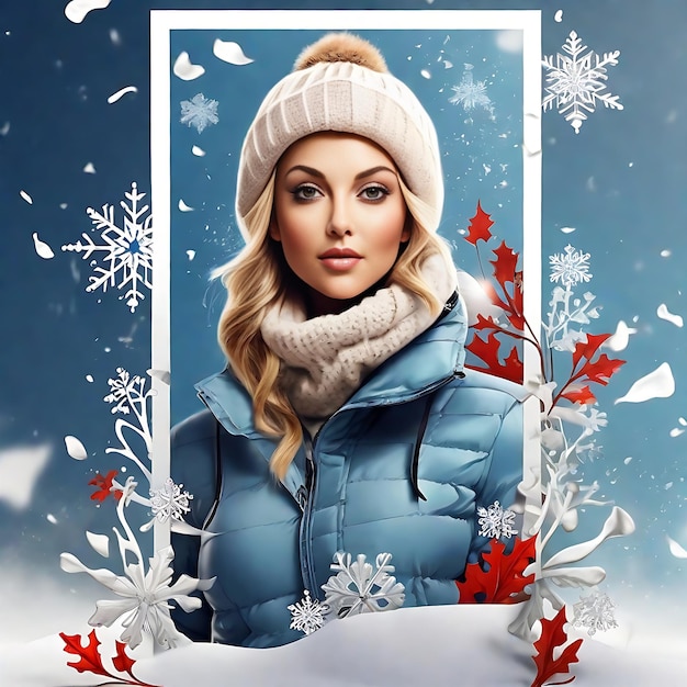 Modello di poster verticale PSD gratuito per i saldi invernali con donna e fiocchi di neve