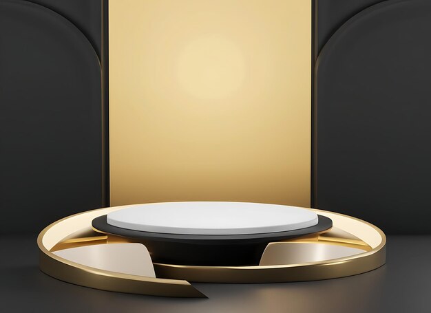 Modello di prodotto di podio 3D con sfondo astratto su sfondo nero e oro