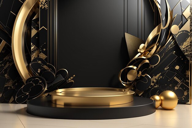 Modello di prodotto podium 3d nero e oro con sfondo astratto illustrazione di rendering 3d