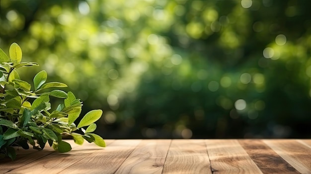 modello di prodotto tavolo di legno in giardino verde