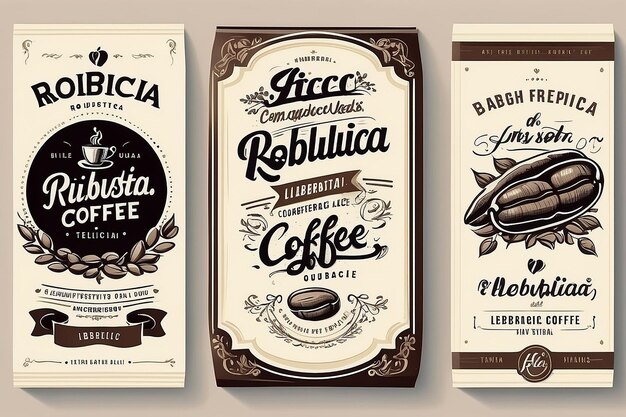 Modello di progettazione dell'etichetta di imballaggio dei chicchi di caffè Arabica Robusta Liberica Lettere scritte a mano