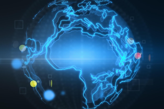 Modello di progettazione della mappa del mondo grafico digitale con il continente africano allineato su sfondo astratto Rendering 3D