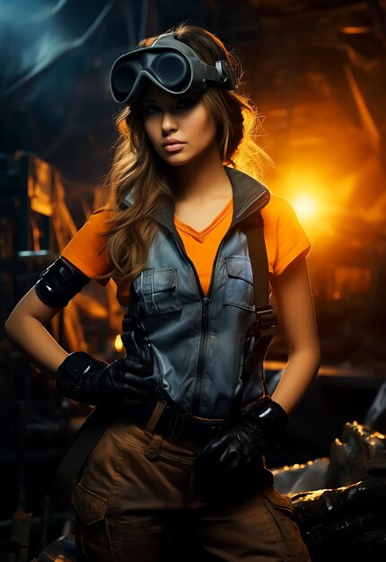 Modello di ragazza calda in lavoratore diesel pesante Uniforme di sicurezza, meccanico, lavoratore professionista, sexy e caldo