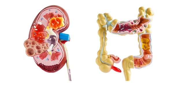 Modello di reni e intestino isolato su sfondo bianco medico con modello di anatomia per lo studio