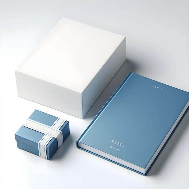 Modello di scatola regalo blu e bianca su uno sfondo largo