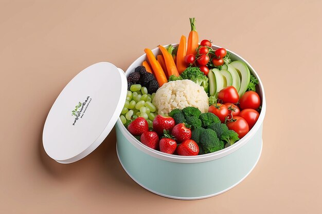Modello di scatola rotonda di cibo da asporto con verdure e frutta