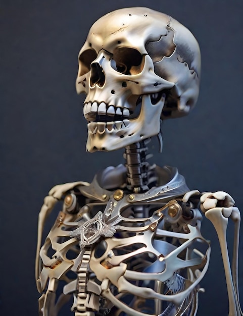 modello di scheletro umano su una foto di sfondo scuro come immagine digitale di sfondo con un bellissimo cranio