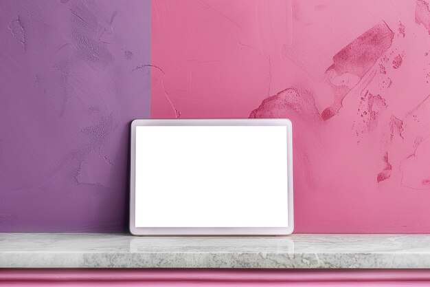 Modello di schermo vuoto del tablet su sfondo di parete marrone e peach fuzz