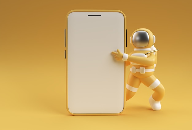 Modello di schermo vuoto per smartphone con dito puntato a mano astronauta. mockup alla moda alla moda astratto. Rendering 3D dell'app mobile del telefono vuoto.