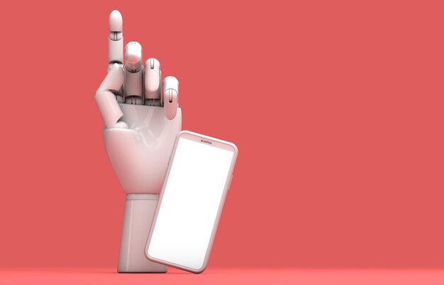 Modello di schermo vuoto per smartphone moderno con rendering 3D mockup alla moda astratto a mano robotica