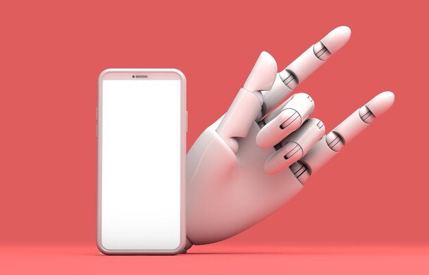 Modello di schermo vuoto per smartphone moderno con rendering 3D mockup alla moda astratto a mano robotica