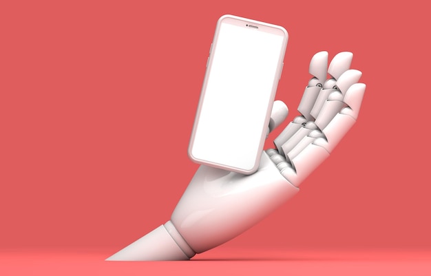 Modello di schermo vuoto per smartphone moderno con rendering 3D mockup alla moda astratto a mano robotica