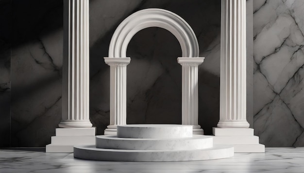 Modello di sfondo 3D con podio di prodotti in marmo per esposizione di cosmetici Colonne antiche greche bianche ag...