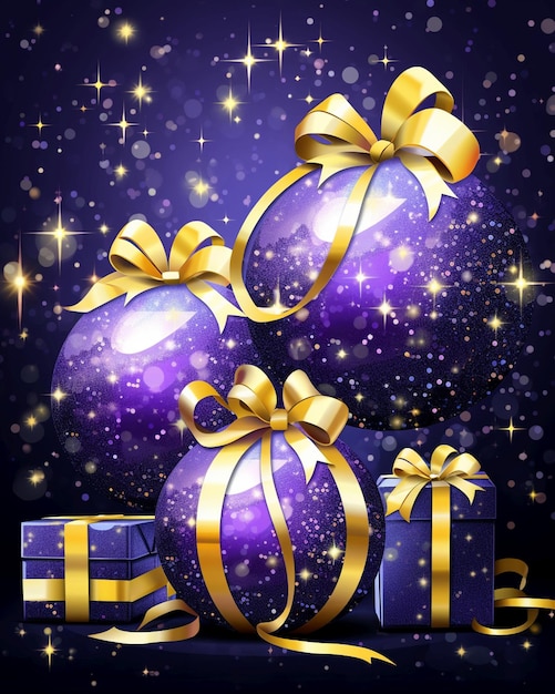 modello di sfondo della carta di Capodanno palle di Natale e regali luci gialle brillanti viola viola