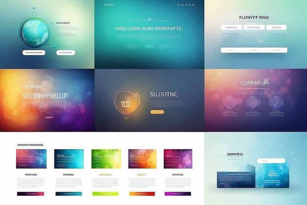 Modello di sito web di una pagina e diversi disegni di intestazione con sfondi sfocati