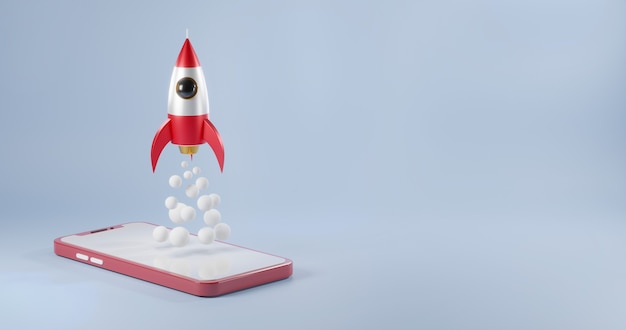 Modello di smartphone finto rosso con astronave a razzo che lancia un'illustrazione di rendering 3D