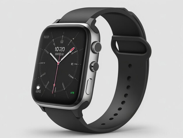 Modello di smartwatch moderno nero con cinturino su sfondo bianco Rendering 3D