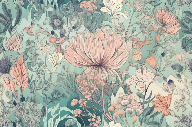 Modello di stampa floreale elegante botanico naturale carta da parati vintage bella fantasia Colorato stile piuttosto retrò Generato AI