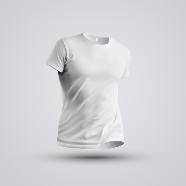 Modello di stoffa. Visualizzazione di una t-shirt bianca su un corpo senza un uomo con ombre sullo sfondo dello studio. Posa frontale. Mockup pronto per l'uso nel tuo design.