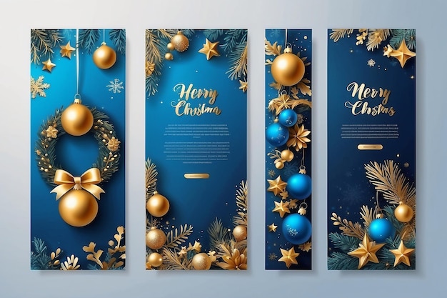 Modello di storie di Capodanno Impostare banner verticale di Natale Elementi natalizia blu e dorati realistici