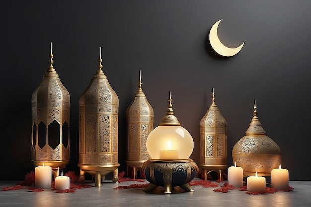 Modello di telaio 3D di rendering ramadan o lampada hari raya dell'Islam e drum bedug tradizionale