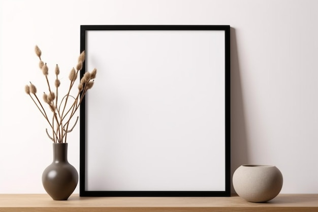 Modello di telaio quadrato vuoto in un moderno interno minimalista con pianta in vaso alla moda sulla parete bianca