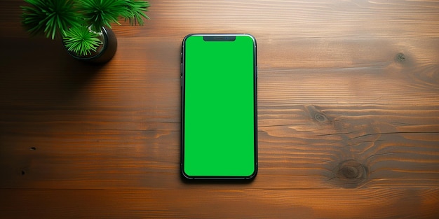 modello di telefono cellulare con schermo verde sul layout di vista dall'alto del tavolo in legno