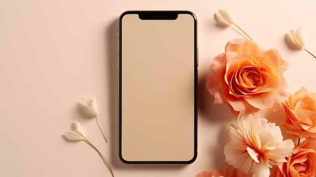 Modello di telefono cellulare minimalista con fiore di papavero su tessuto d'oro arrugginito Modello di marchio pulito e professionale