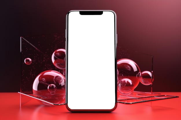 Modello di telefono cellulare moderno Smartphone con schermo bianco vuoto su sfondo rosso alla moda vista anteriore generativa AI