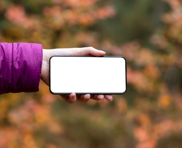 Modello di telefono in natura all'aperto Annuncio di app per l'ambiente Foglie d'autunno