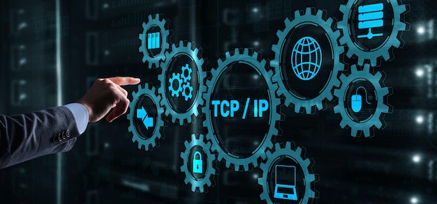 Modello di trasmissione dati di rete TCP IP su sfondo server rack