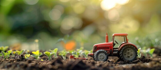 Modello di trattore su una fattoria in miniatura Una scena accattivante con ampio spazio per le copie