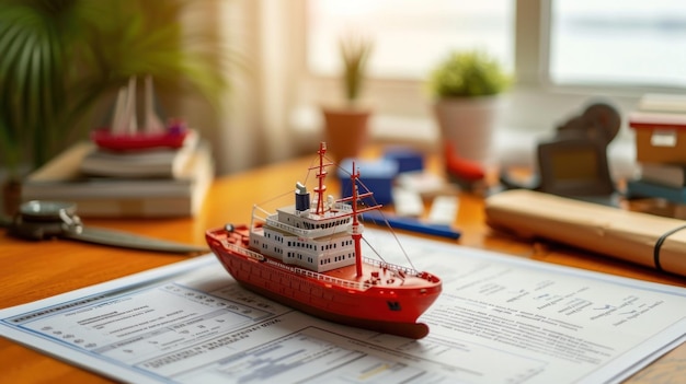 Modello di una barca rossa e bianca su un pezzo di carta